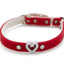 A red velvet pet collar with a silver-tone heart-shaped crystal charm in the center, accented with small crystal studs and silver-tone hardware, shown on a white background.