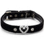 A black velvet collar with a silver-tone heart-shaped clasp adorned with clear rhinestones, flanked by two matching rhinestone studs on a white background.