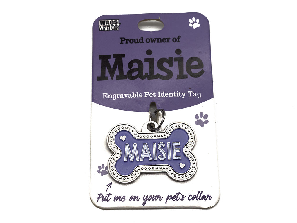 Engravable pet identity tag for a dog named 'Maisie' on a purple and white card.
