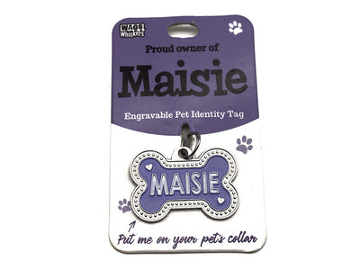 Engravable pet identity tag for a dog named 'Maisie' on a purple and white card.