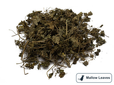 Pile of dried mallow leaves on a white background with 'Mallow Leaves' label.