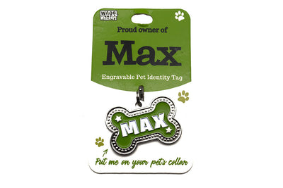 Engravable pet identity tag for 'Max' on a green card with 'Wags & Whiskers' branding.