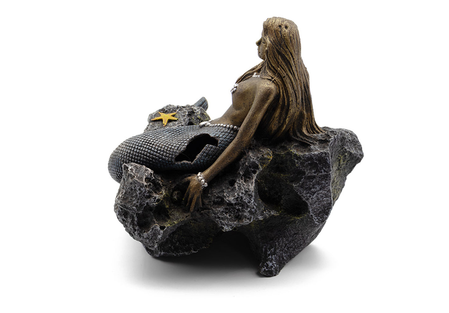 Bronze mermaid figurine sitting on a rock with a starfish, on a white background
