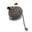 A gray plush toy shaped like a mouse with a long tail and a small red Santa hat, photographed on a white background.