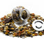 Bird seed mix with a jar and a metal lid on a white background