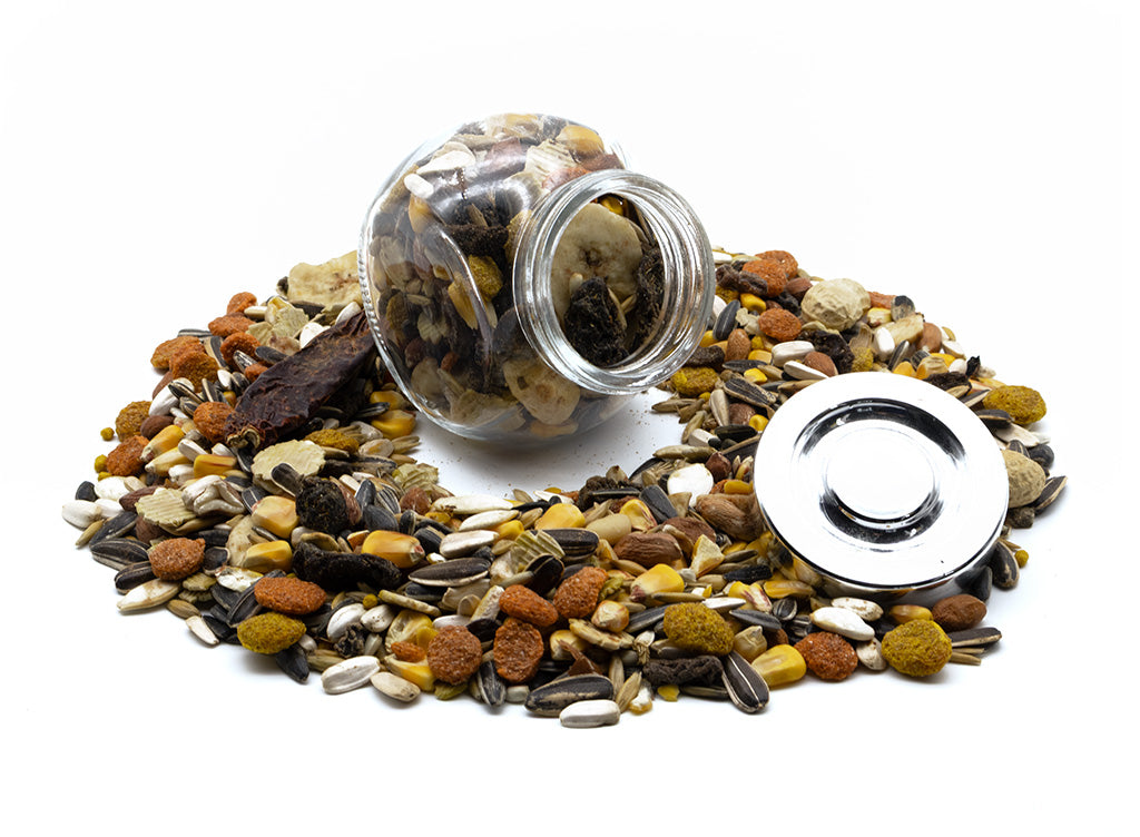 Bird seed mix with a jar and a metal lid on a white background
