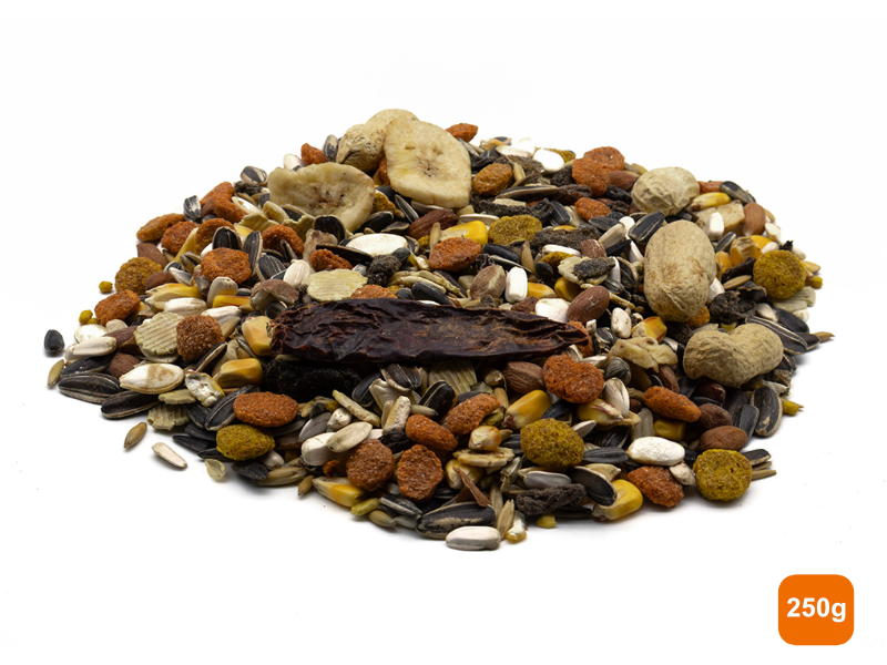 Pile of bird seed with a 250g weight label on a white background