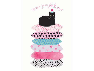Stack of colorful cat-shaped cards with a black cat on top and 'Have a purrfect day!' text.