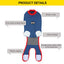 A dog recovery suit shown on a white background with a yellow 'PRODUCT DETAILS' header and callout labels pointing to features like the elastic collar, pure cotton knit fabric, velcro design, elastic edging, and double-layer cotton cloth at the abdomen.