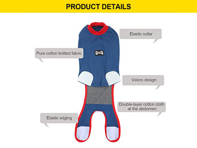 A dog recovery suit shown on a white background with a yellow 'PRODUCT DETAILS' header and callout labels pointing to features like the elastic collar, pure cotton knit fabric, velcro design, elastic edging, and double-layer cotton cloth at the abdomen.