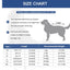 A size chart graphic for a dog recovery suit, featuring a dog silhouette with a 'Length' measurement arrow and a table listing sizes XS through XXL, lengths in centimeters, and recommended weights in kilograms and pounds.