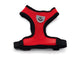 Red dog harness with black trim on a white background
