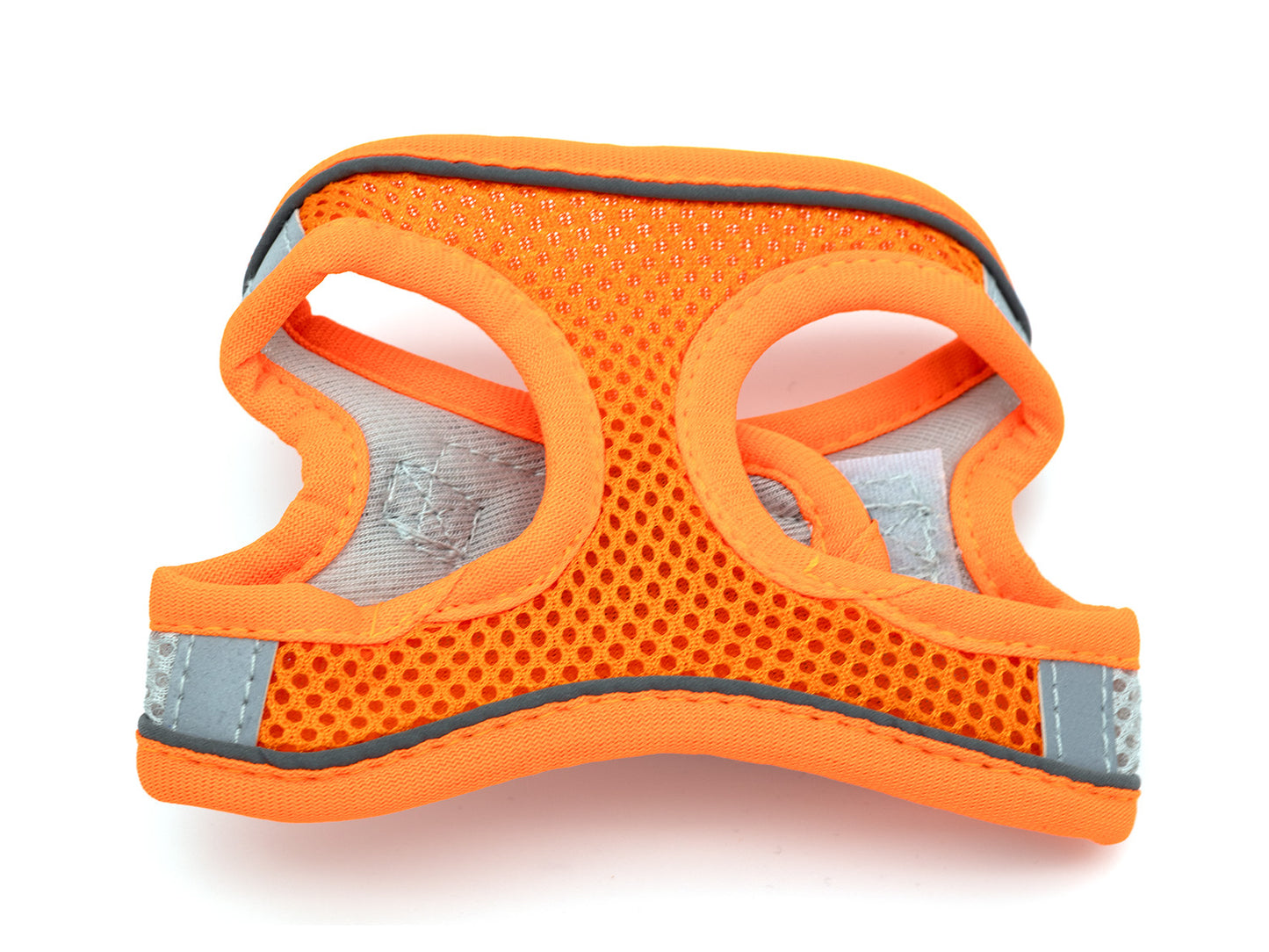 Orange dog harness with reflective stripes on a white background