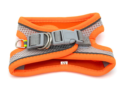 Orange and gray dog harness on a white background