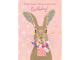 Birthday card with a rabbit holding flowers on a pink background
