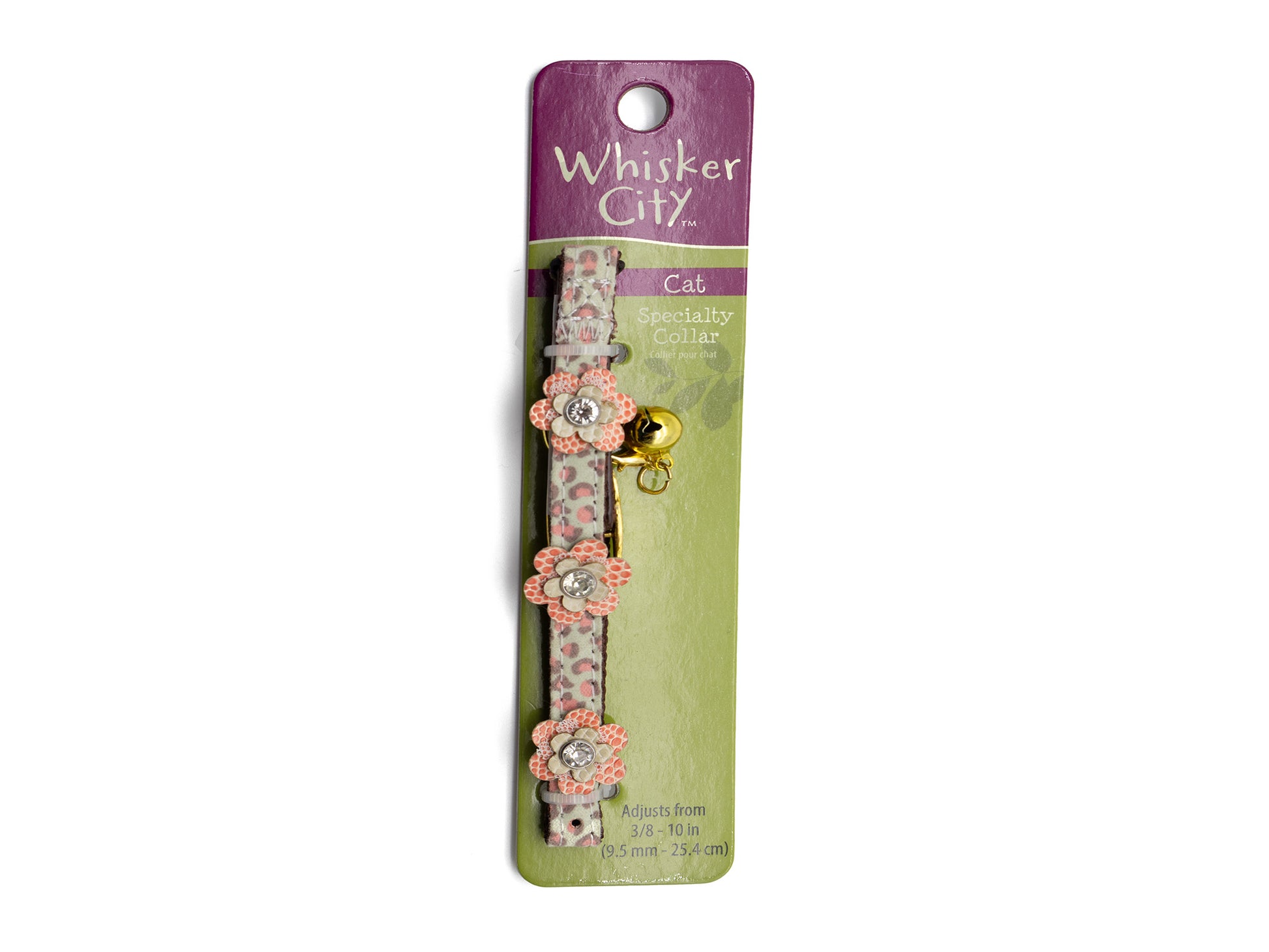 A Whisker City cat collar in floral pink and green patterned fabric with a small gold bell, displayed on its original purple and green retail card packaging against a white background.