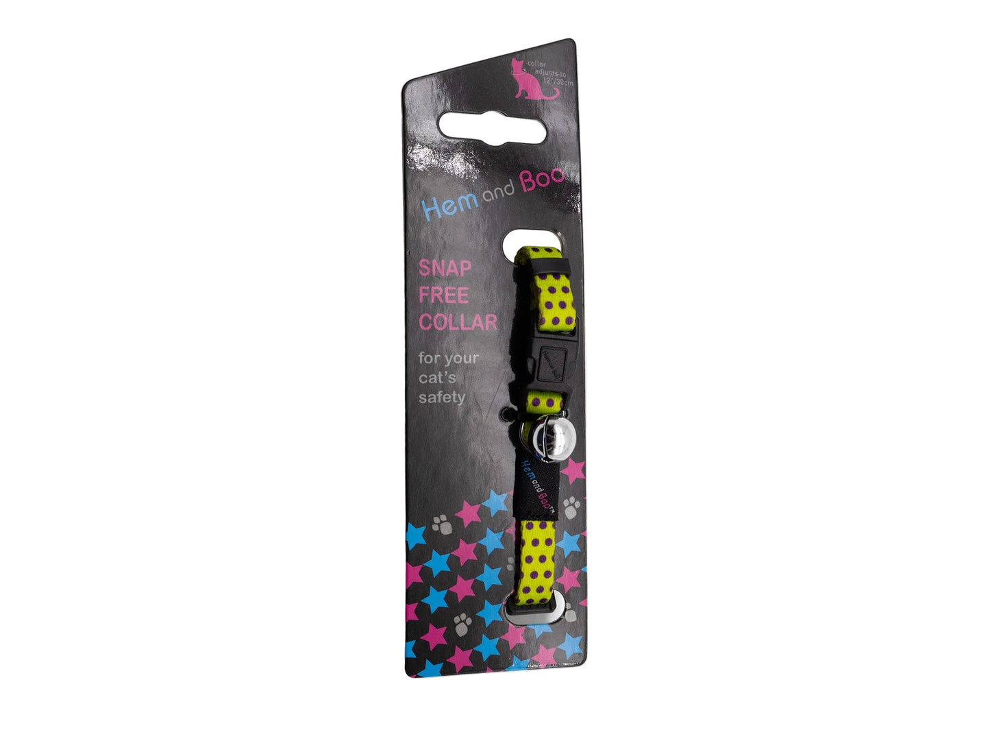 A Hem and Boo brand cat collar with a neon yellow and black polka dot pattern, packaged on a black retail card with pink and blue text and paw print graphics.