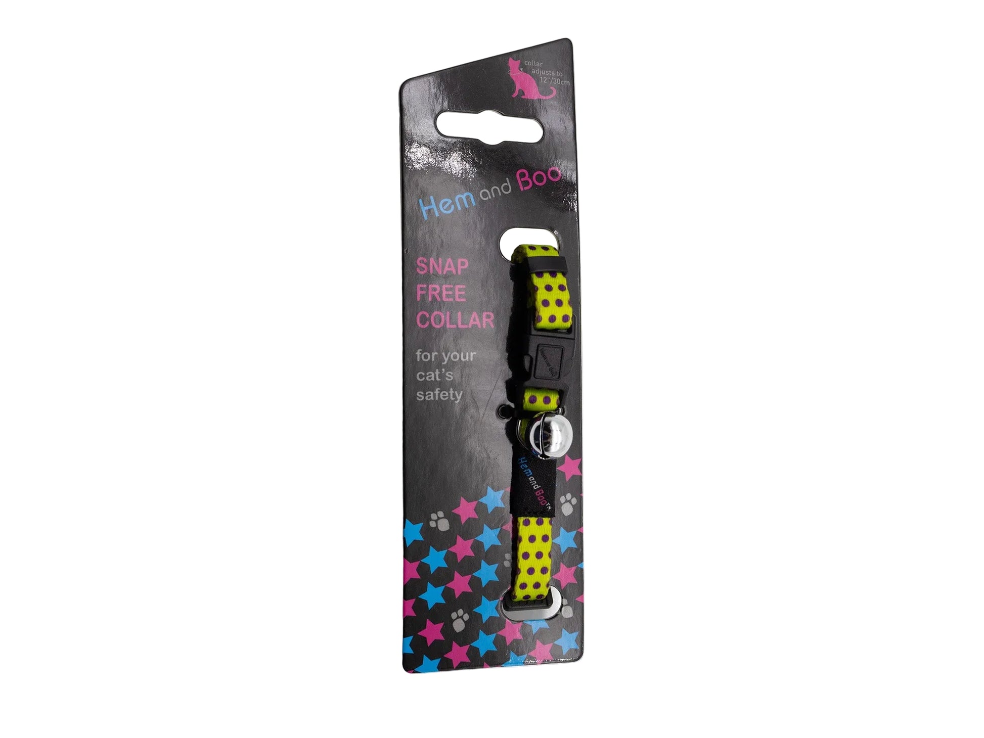 A Hem and Boo brand cat collar with a neon yellow and black polka dot pattern, packaged on a black retail card with pink and blue text and paw print graphics.
