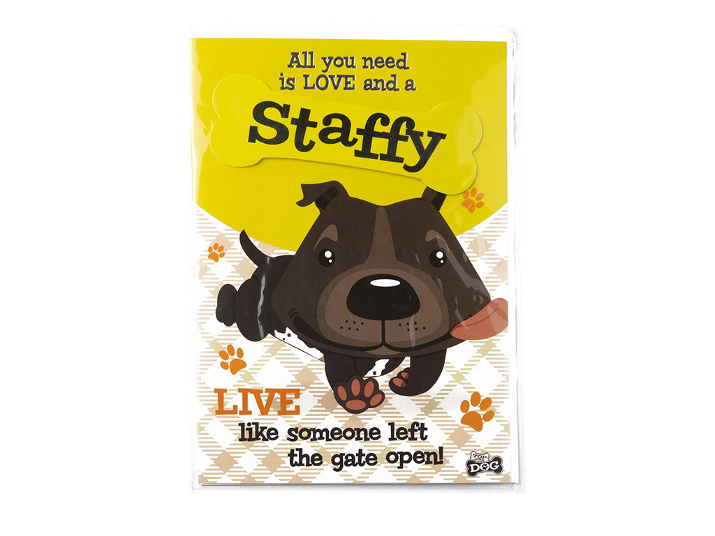Card with a Staffy dog illustration and text on a white background
