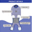 Product details diagram of a blue and white striped dog recovery suit with callout labels pointing to features like elastic collar, pure cotton knitted fabric, velcro design, elastic edging, and double-layer cotton cloth at the abdomen.