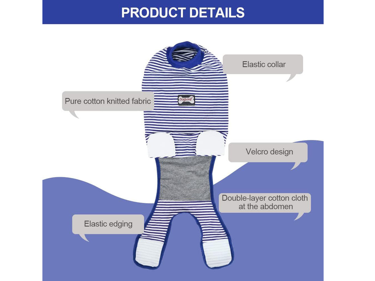 Product details diagram of a blue and white striped dog recovery suit with callout labels pointing to features like elastic collar, pure cotton knitted fabric, velcro design, elastic edging, and double-layer cotton cloth at the abdomen.