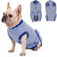 A light fawn French Bulldog wearing a blue and white striped dog recovery suit, shown against a plain white background with two smaller inset views of the recovery suit on the right.