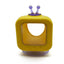A yellow and purple retro television-shaped product, likely a toy or container, isolated on a white background.
