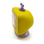 A retro-style yellow toy television with a purple antenna and a translucent gray base, photographed on a plain white background.