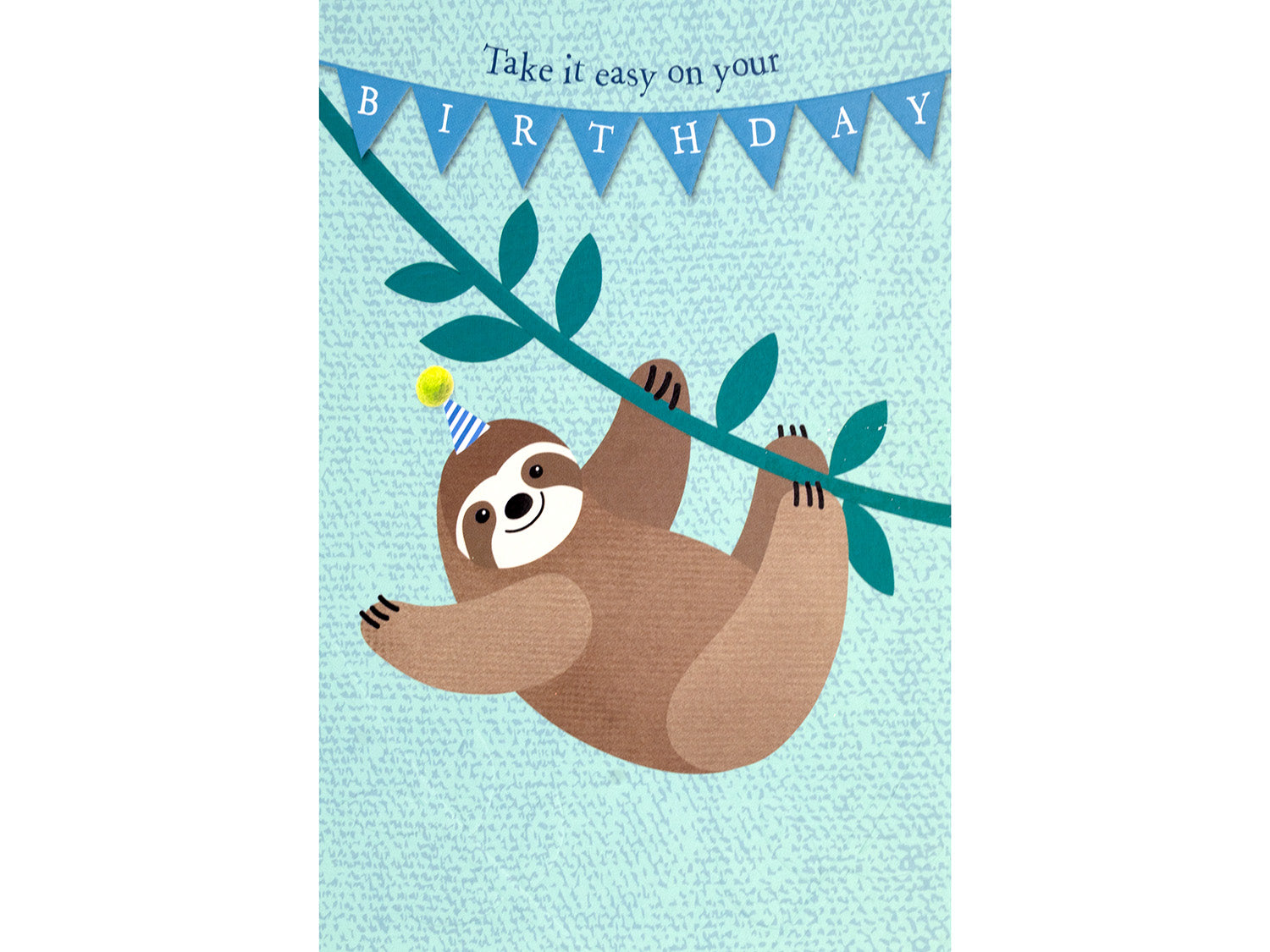 Birthday card with a sloth hanging from a branch and a birthday banner on a light blue background