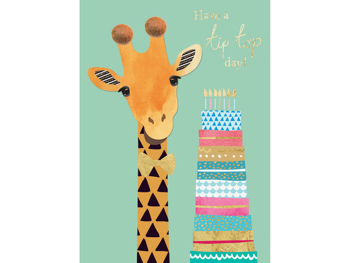 Greeting card with a cartoon giraffe and birthday cake on a light green background