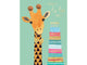 Greeting card with a cartoon giraffe and birthday cake on a light green background