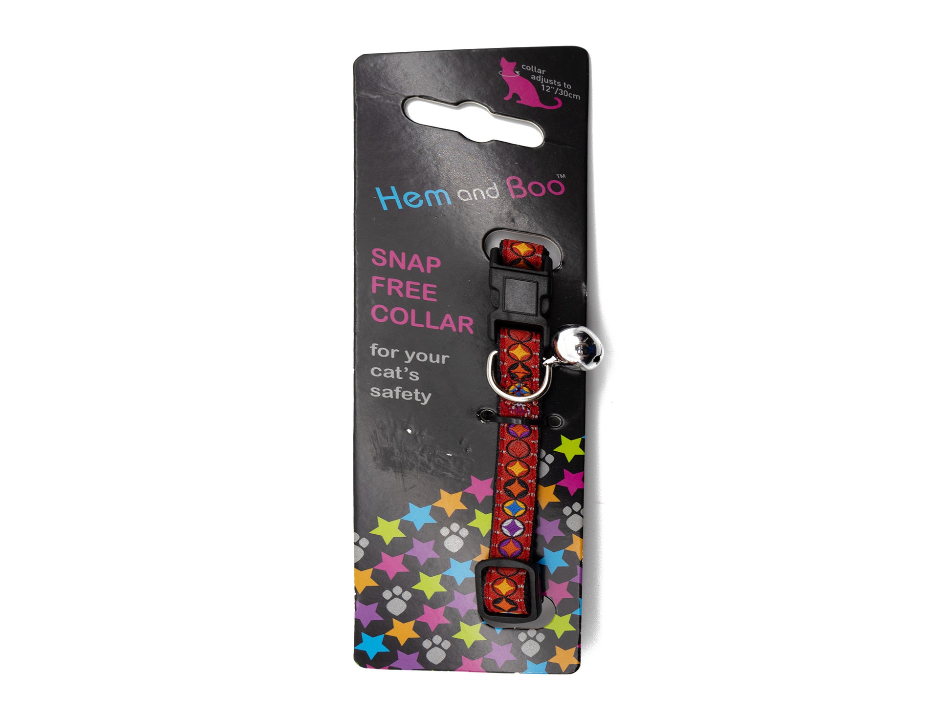 A pet collar in retail packaging on a white background. The collar has a red and black patterned strap with a silver metal snap button and bell.