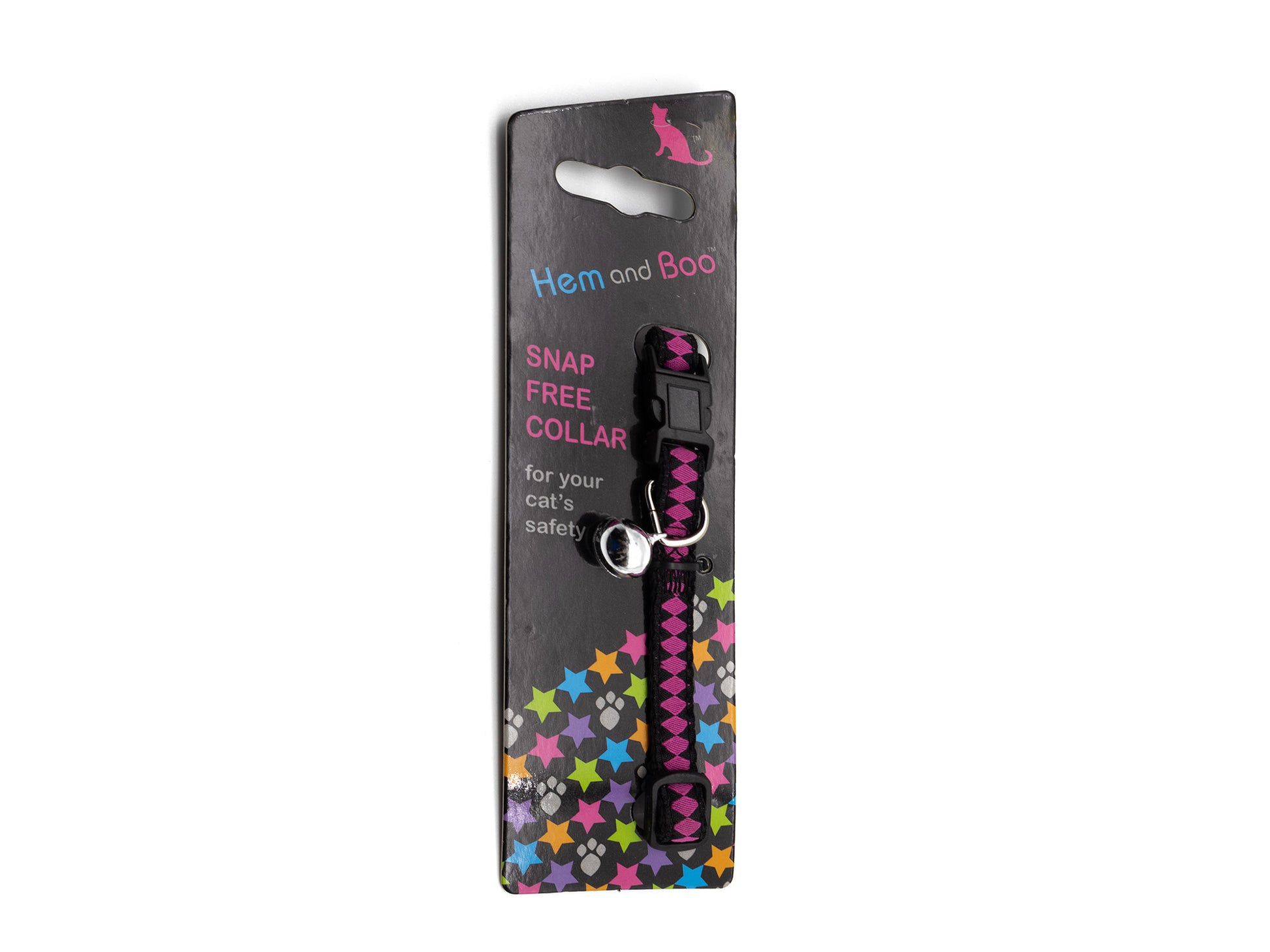 Hem and Boo brand pink and black braided snap-free dog collar on its original black retail card packaging, shown against a plain white background.