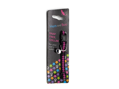 Hem and Boo brand pink and black braided snap-free dog collar on its original black retail card packaging, shown against a plain white background.