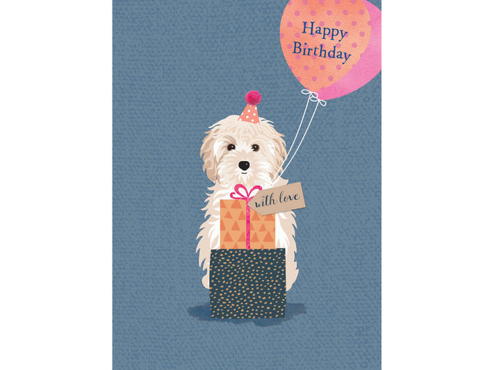 Illustration of a dog in a gift box with a birthday balloon and card on a blue background