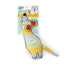 A cat toy shaped like a cartoon mouse, shown hanging from its retail packaging card against a plain white background. The toy features yellow, light blue, and white stripes with red inner ears and a black nose.