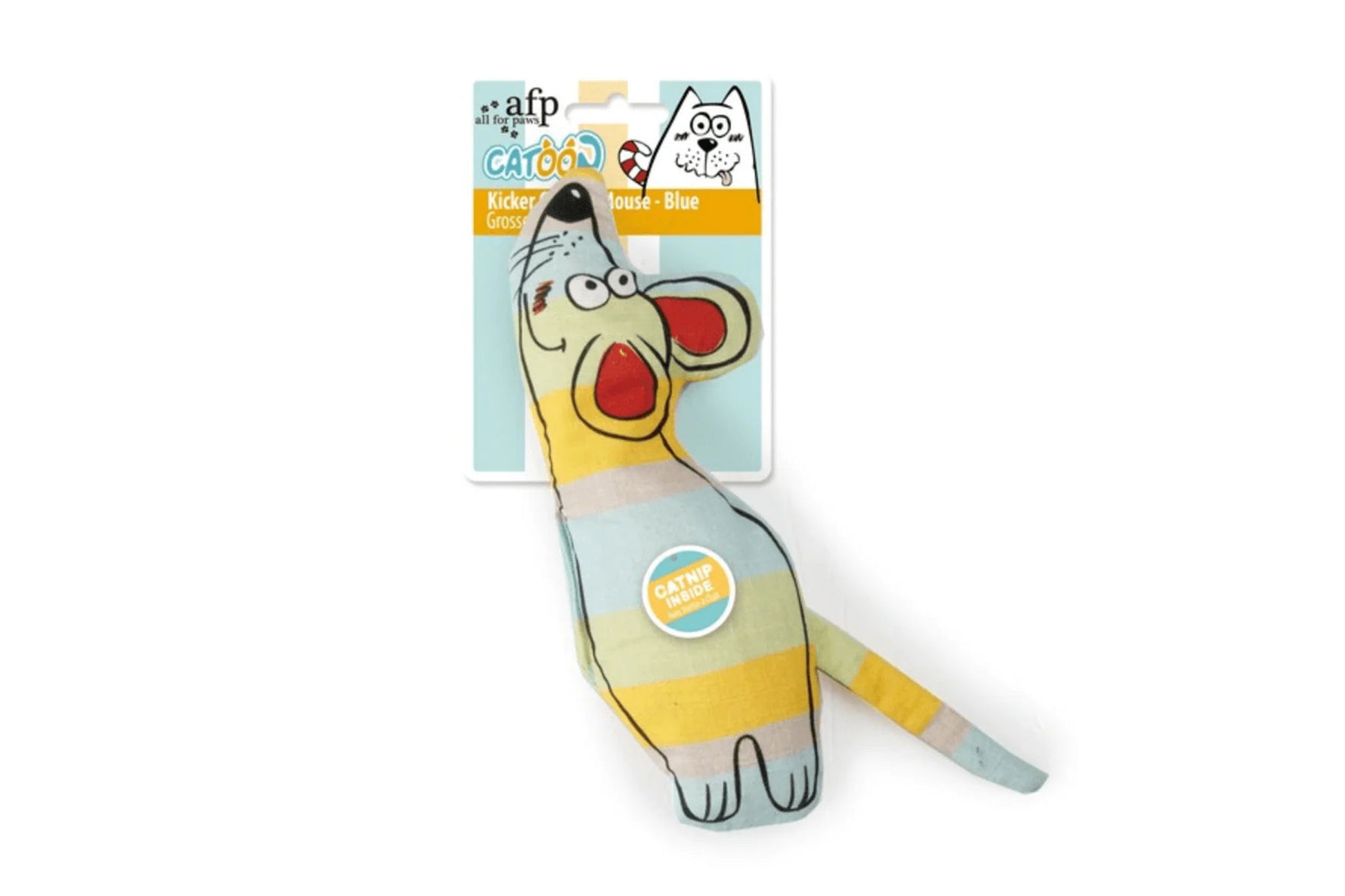 A cat toy shaped like a cartoon mouse, shown hanging from its retail packaging card against a plain white background. The toy features yellow, light blue, and white stripes with red inner ears and a black nose.