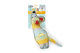 A cat toy shaped like a cartoon mouse, shown hanging from its retail packaging card against a plain white background. The toy features yellow, light blue, and white stripes with red inner ears and a black nose.