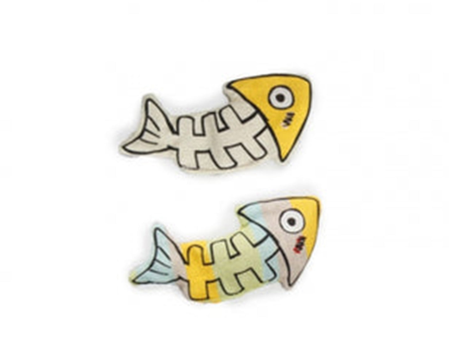 Two small fish-shaped enamel pins with fish skeleton designs, shown on a plain white background. One pin is yellow and white, and the other is yellow, light blue, and white.