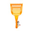 An orange plastic litter scoop with a slotted bowl and a short handle, shown against a plain white background with a small product tag attached near the base.
