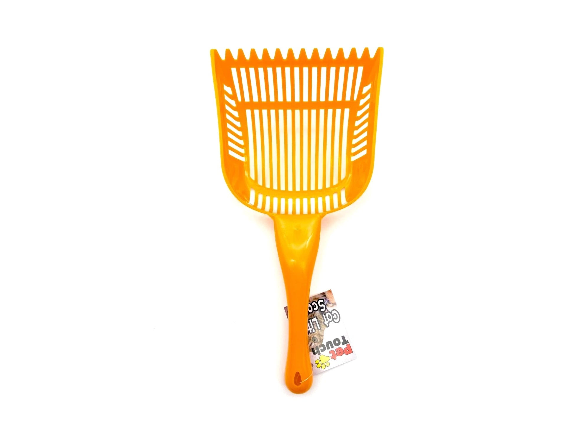 An orange plastic litter scoop with a slotted bowl and a short handle, shown against a plain white background with a small product tag attached near the base.