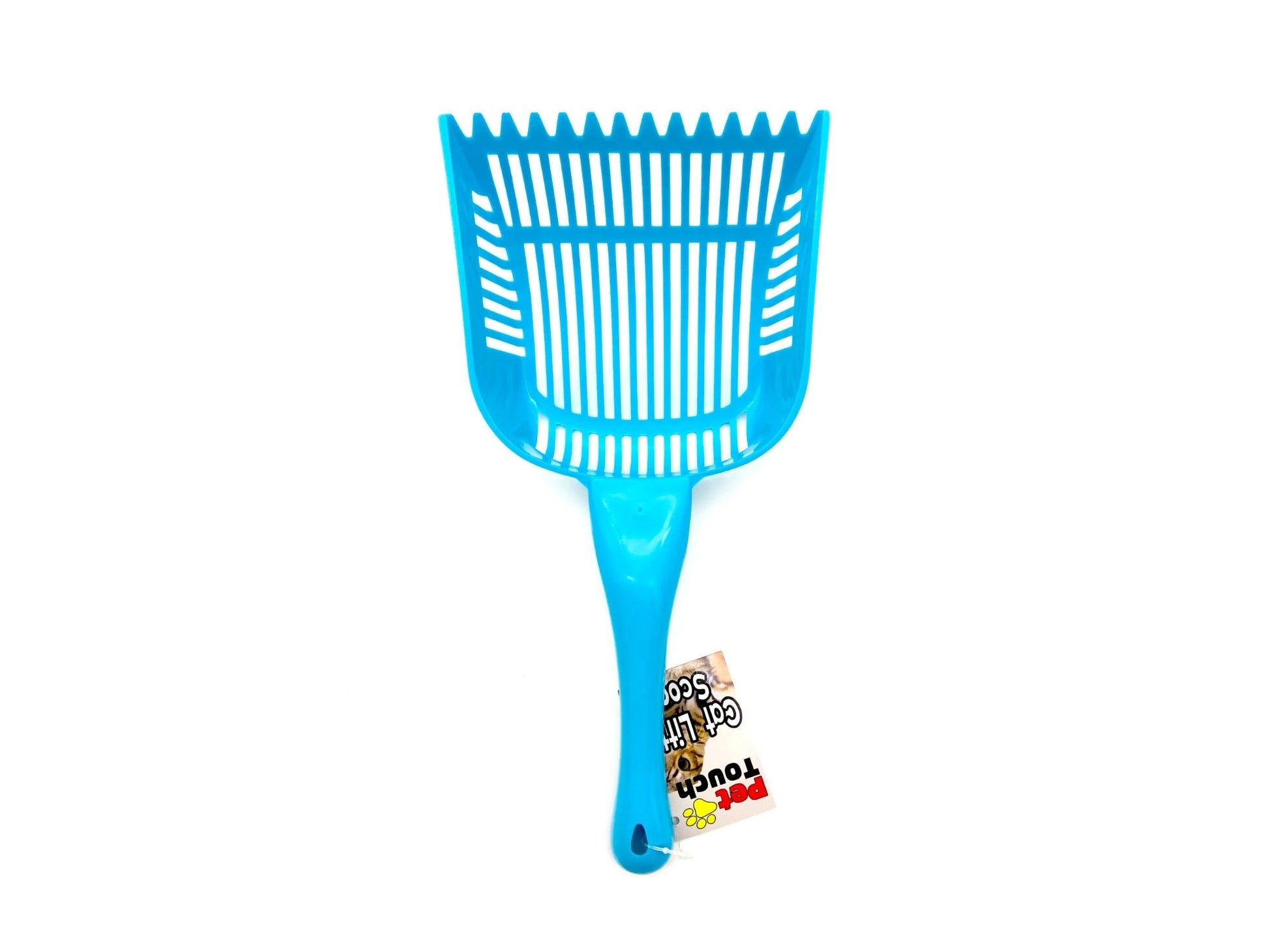 A bright blue plastic litter scoop with a slotted opening and a handle, shown on a plain white background with a small retail tag attached near the base.