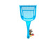 A bright blue plastic litter scoop with a slotted opening and a handle, shown on a plain white background with a small retail tag attached near the base.
