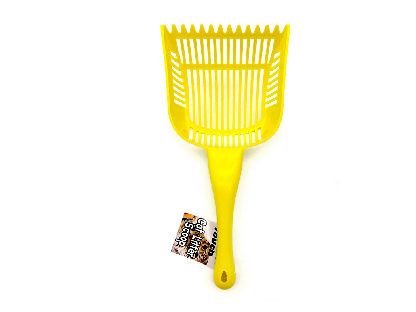 A bright yellow plastic cat litter scoop with a handle and a small attached product tag, shown on a plain white background.