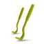 Two lime green plastic garden hooks with curved tips, shown standing upright on a white background with soft shadows.