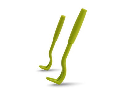 Two lime green plastic garden hooks with curved tips, shown standing upright on a white background with soft shadows.
